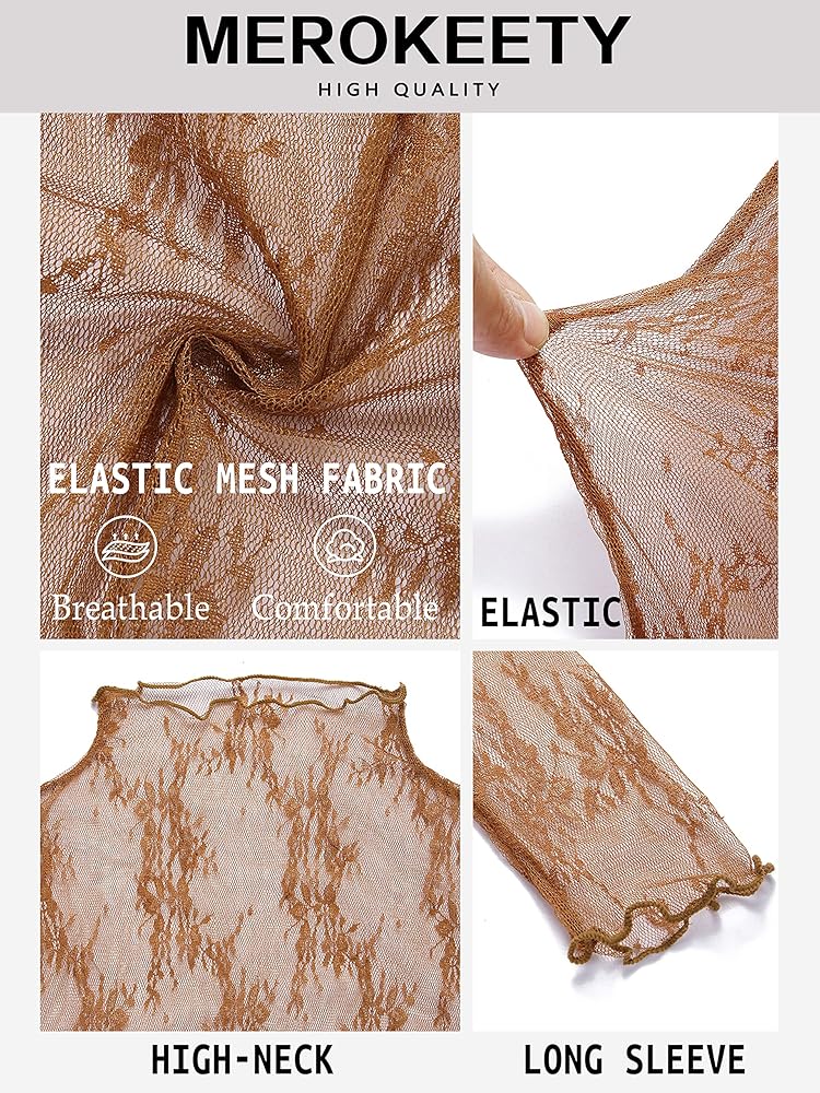 MEROKEETY Womens 2025 Lace Mesh Sheer Long Sleeve Top Sexy